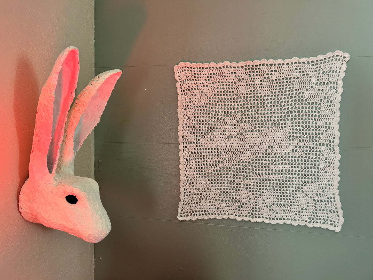 Leaping Rabbit Filet Crochet Doily Tapestry